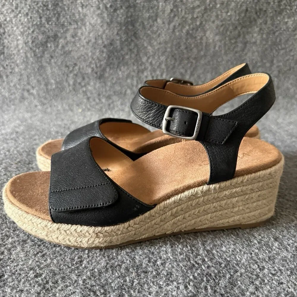 Vionic Sable Black Leather Espadrille Wedge Sandals Womens Size 9 Boho Comfort